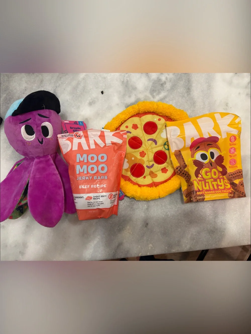 Plush Octopus & Plush Pizza Toy + Bark Treats (Unopened)